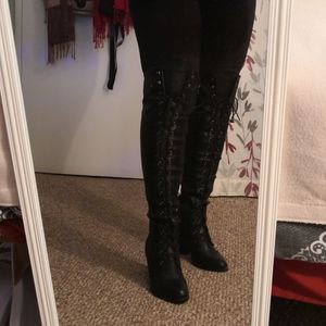 Black thigh high lace up boots